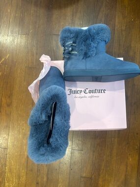 Juicy Couture Women's Blue Faux-Fur Ankle Slippers
